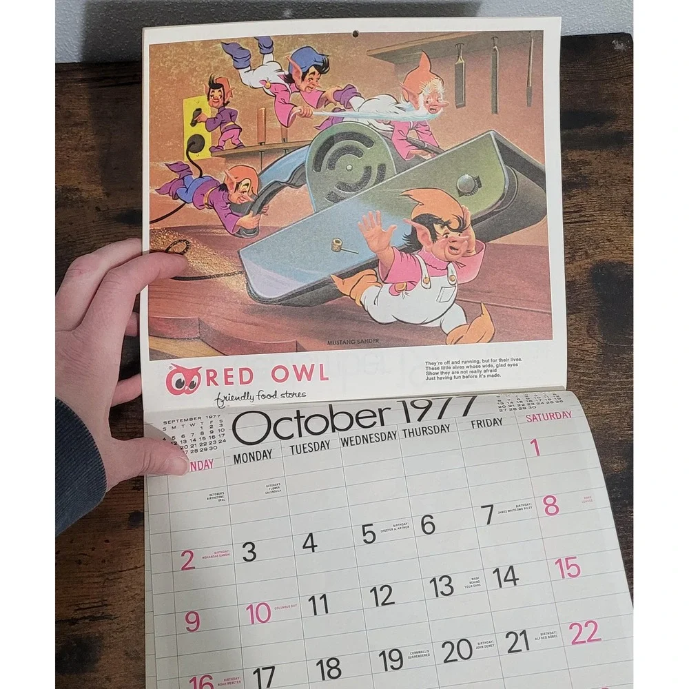 Vintage 1977‎ Red Owl Childrens Calendar 12 Month Elves Wall Calendar Art